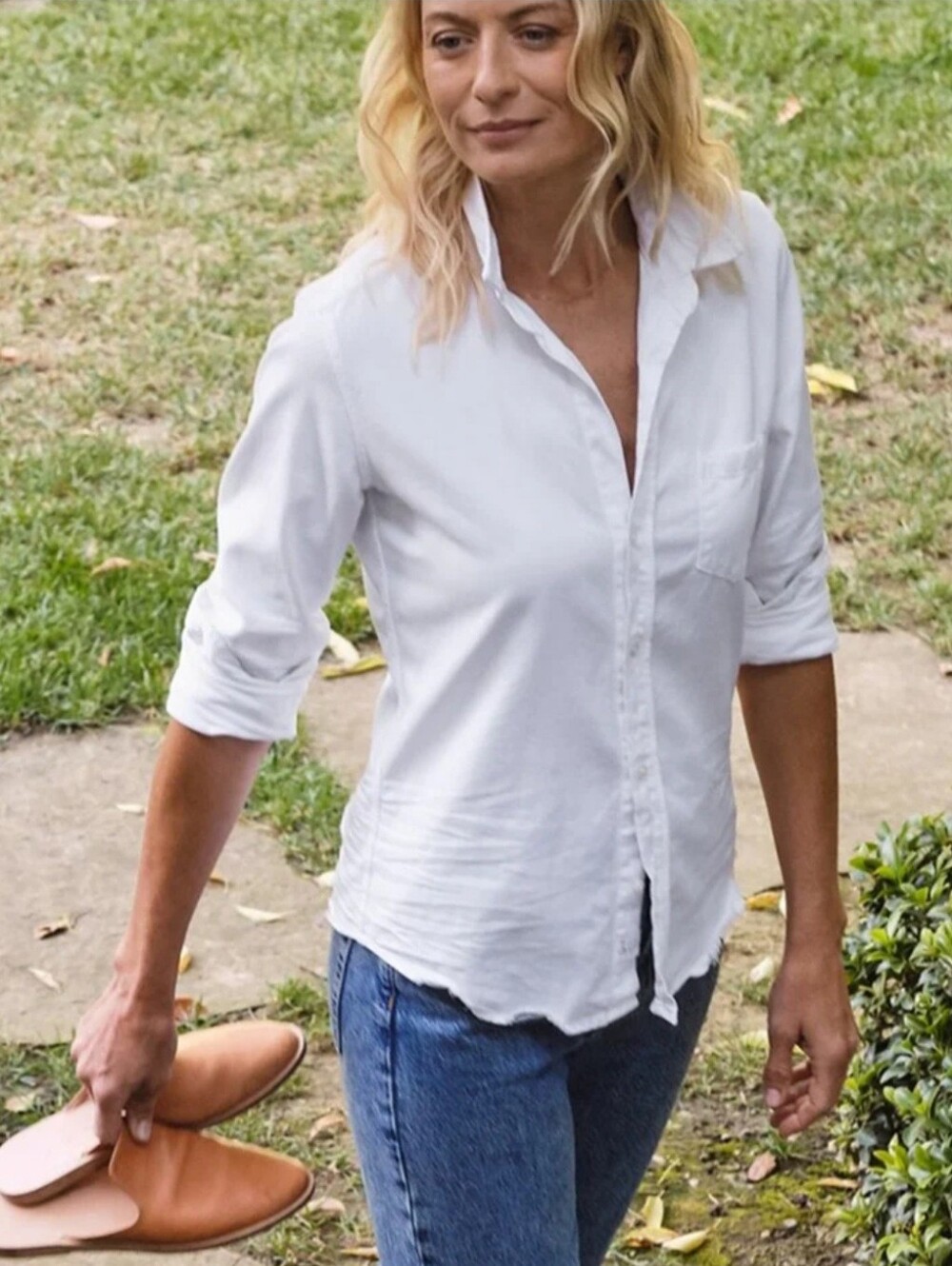 Frank & Eileen White Button-Front Cotton Shirt with Chest Pocket